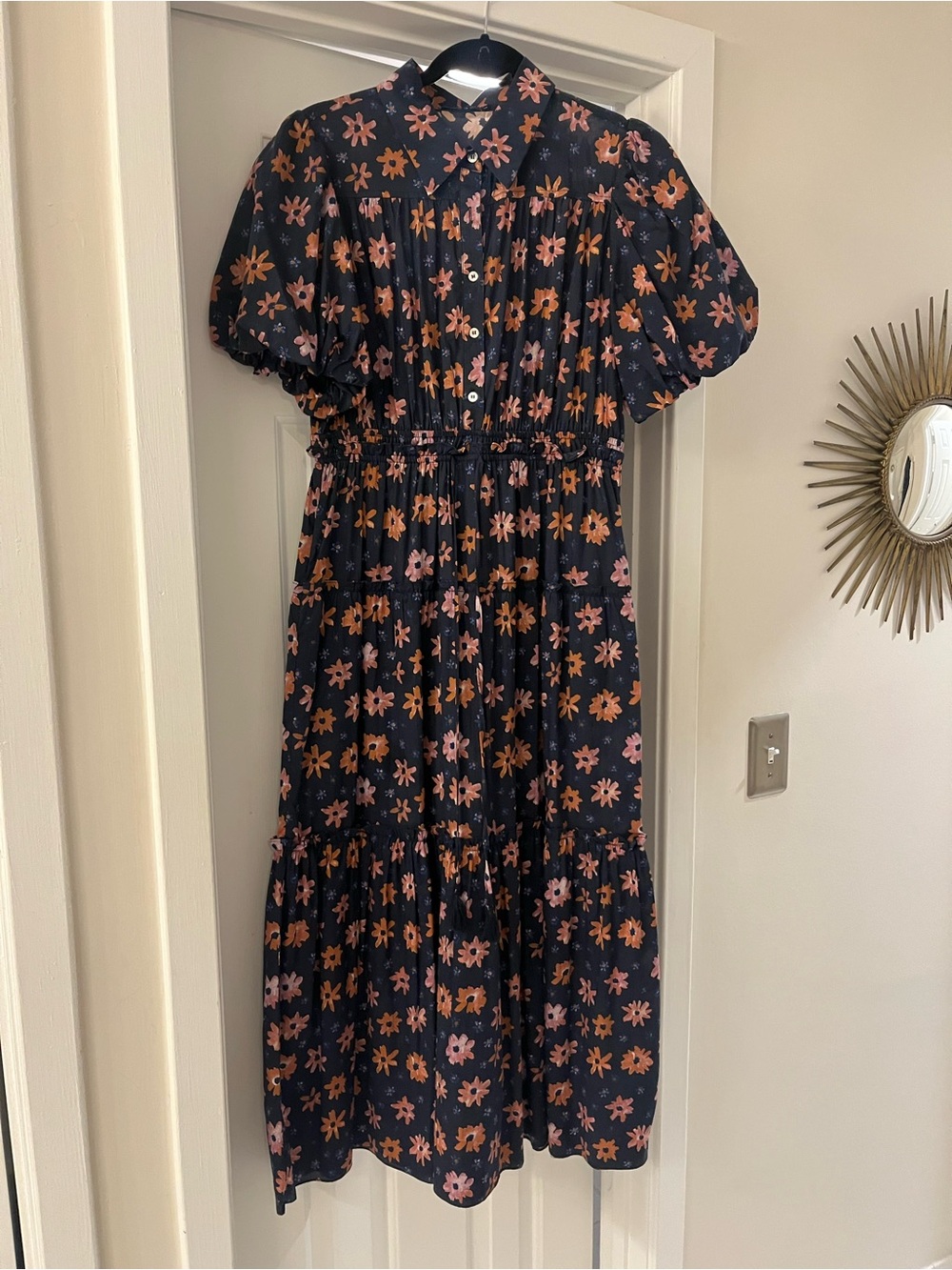 Navy Floral Button-Front Midi Dress with Puff Sleeves